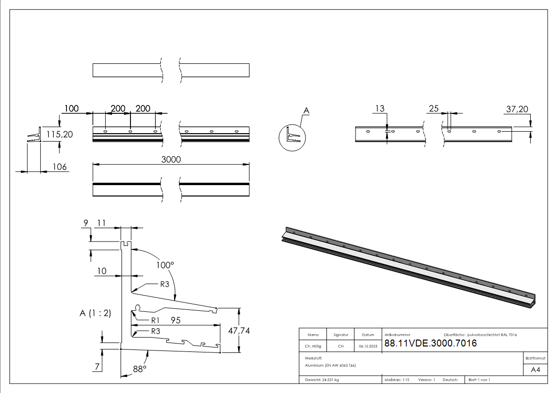Vordachprofil Aluminium L = 3000 mm pulverbeschichtet RAL 7016-88-11VDE-3000.7016