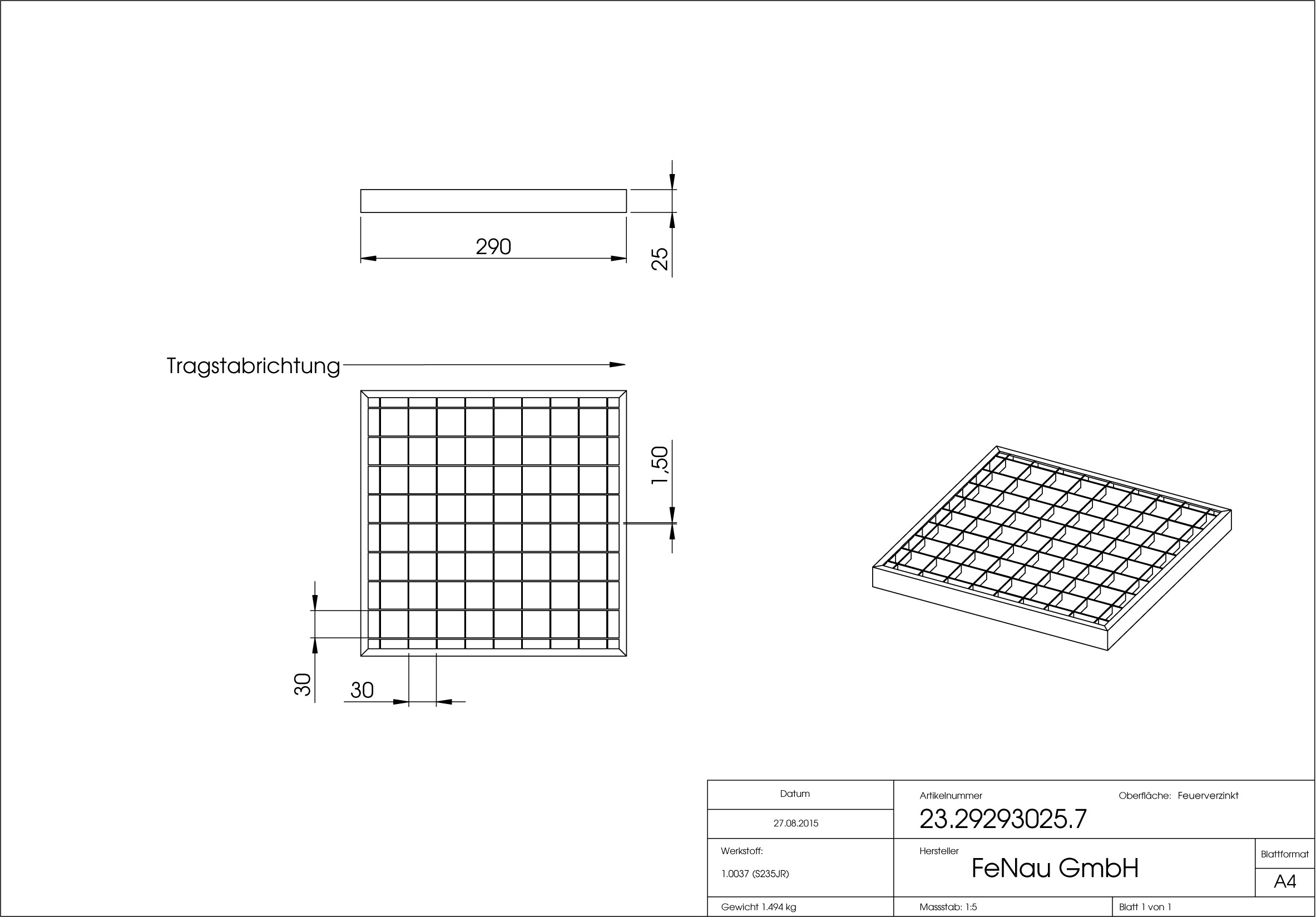 Lichtschachtrost Baunormrost - Masse-  290x590x20 mm 30-30 mm - aus S235JR -St37-2- im Vollbad feuerverzinkt-23-29593020.7