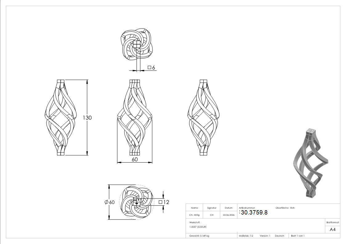 Zirbel - Masse- 140x50 mm - Material- 6x6 mm - Stahl -Roh- S235JR-30-3759.8